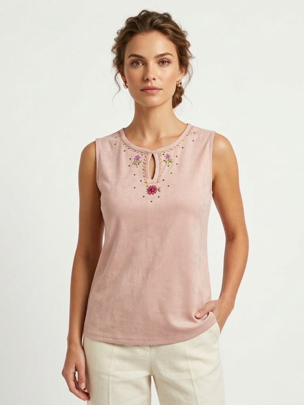 Velvet Womens Embroidered Keyhole Tank Pink Sleeveless Knit Top Size L